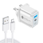 شاحن سريع بورت مزدوج PD25W USB-C / Type-C + QC3.0 USB مع كابل بيانات USB إلى 8 بن، قابس المملكة المتحدة، قابس المملكة المتحدة + كابل USB إلى 8 بن
