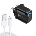 شاحن سريع بورت مزدوج PD25W USB-C / Type-C + QC3.0 USB مع كابل بيانات USB إلى 8 بن، قابس المملكة المتحدة، قابس المملكة المتحدة + كابل USB إلى 8 بن