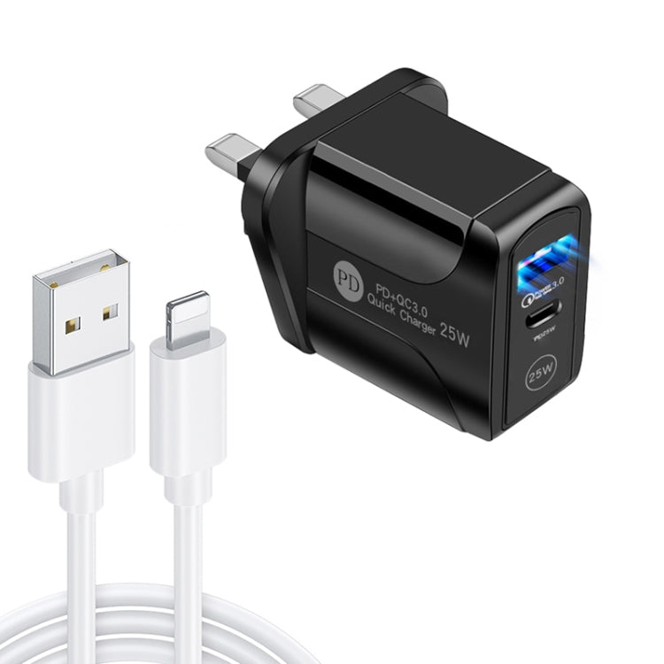 شاحن سريع بورت مزدوج PD25W USB-C / Type-C + QC3.0 USB مع كابل بيانات USB إلى 8 بن، قابس المملكة المتحدة، قابس المملكة المتحدة + كابل USB إلى 8 بن