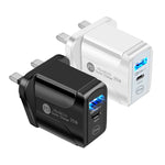 شاحن سريع بورت مزدوج PD25W USB-C / Type-C + QC3.0 USB مع كابل بيانات USB إلى 8 بن، قابس المملكة المتحدة، قابس المملكة المتحدة + كابل USB إلى 8 بن