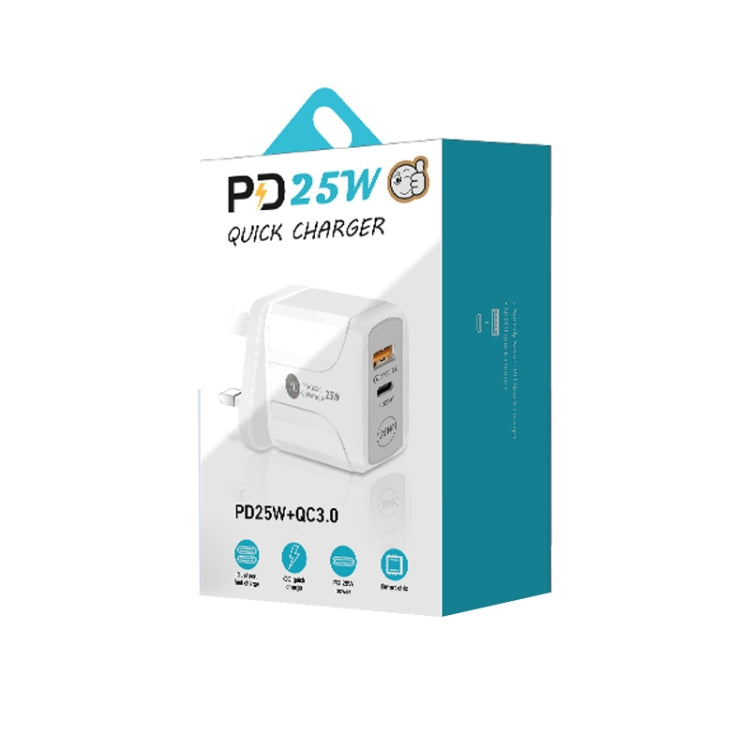 شاحن سريع بورت مزدوج PD25W USB-C / Type-C + QC3.0 USB مع كابل بيانات USB إلى 8 بن، قابس المملكة المتحدة، قابس المملكة المتحدة + كابل USB إلى 8 بن