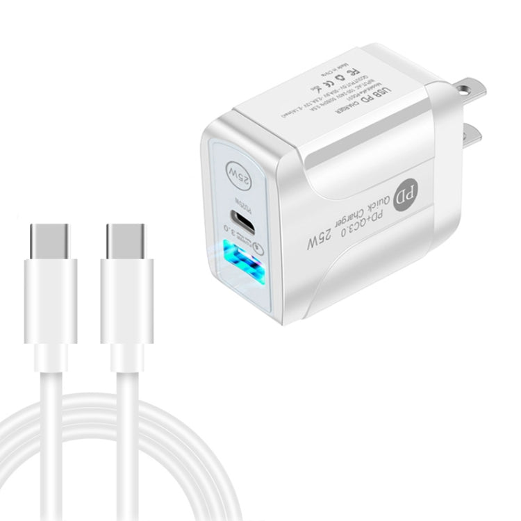 شاحن سريع بمنفذي USB-C / Type-C وQC3.0 مع كابل بيانات USB-C إلى USB-C، قابس الولايات المتحدة، قابس الولايات المتحدة + كابل USB-C إلى USB-C
