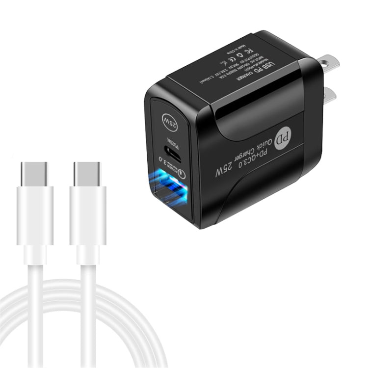 شاحن سريع بمنفذي USB-C / Type-C وQC3.0 مع كابل بيانات USB-C إلى USB-C، قابس الولايات المتحدة، قابس الولايات المتحدة + كابل USB-C إلى USB-C
