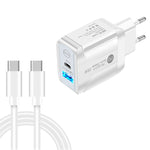 شاحن سريع بمنفذي USB-C / Type-C وQC3.0 مع كابل بيانات USB-C إلى USB-C، قابس الاتحاد الأوروبي، قابس الاتحاد الأوروبي + كابل USB-C إلى USB-C