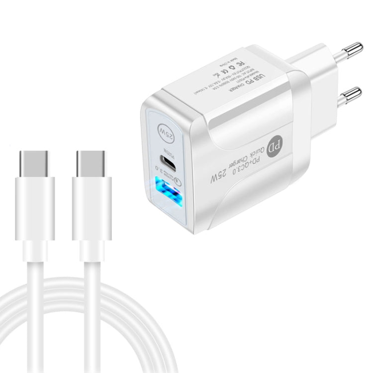 شاحن سريع بمنفذي USB-C / Type-C وQC3.0 مع كابل بيانات USB-C إلى USB-C، قابس الاتحاد الأوروبي، قابس الاتحاد الأوروبي + كابل USB-C إلى USB-C
