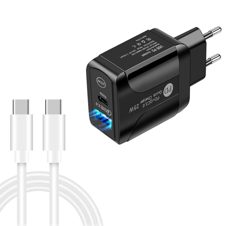 شاحن سريع بمنفذي USB-C / Type-C وQC3.0 مع كابل بيانات USB-C إلى USB-C، قابس الاتحاد الأوروبي، قابس الاتحاد الأوروبي + كابل USB-C إلى USB-C