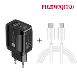شاحن سريع بمنفذي USB-C / Type-C وQC3.0 مع كابل بيانات USB-C إلى USB-C، قابس الاتحاد الأوروبي، قابس الاتحاد الأوروبي + كابل USB-C إلى USB-C