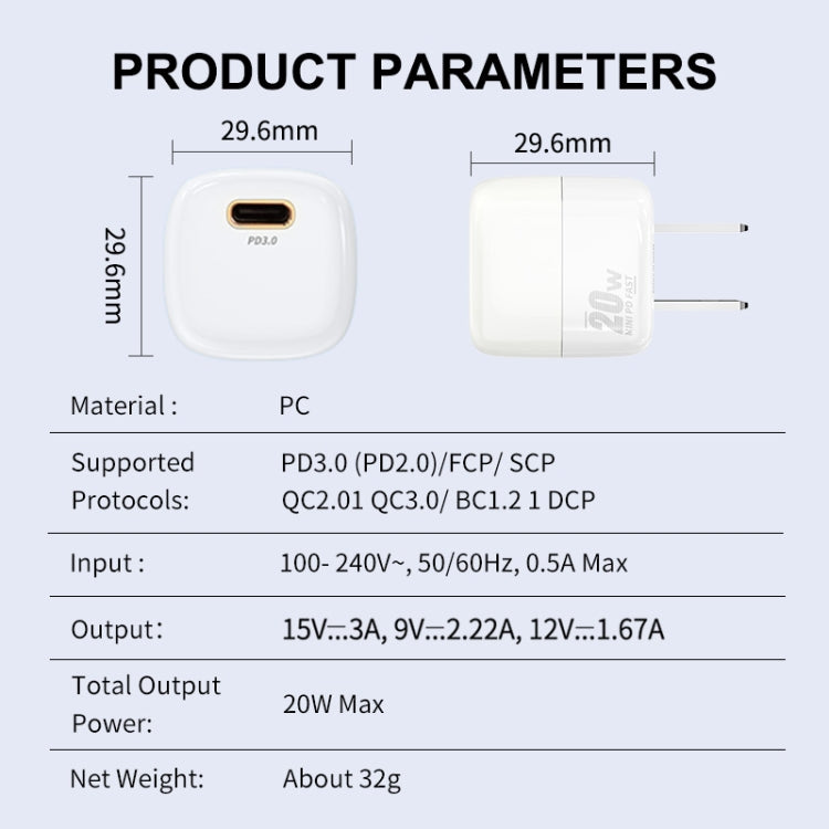شاحن سريع صغير ENKAY APQ-011 PD 20 واط USB-C / Type-C، قابس الولايات المتحدة
