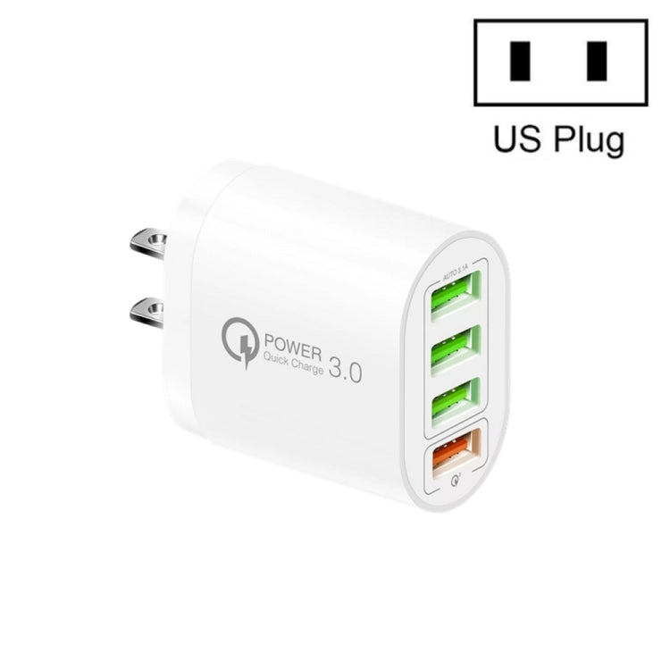 شاحن متعدد المنافذ QC-04 QC3.0 + 3 × USB 2.0 للهواتف المحمولة والأجهزة اللوحية، قابس الولايات المتحدة، قابس الولايات المتحدة