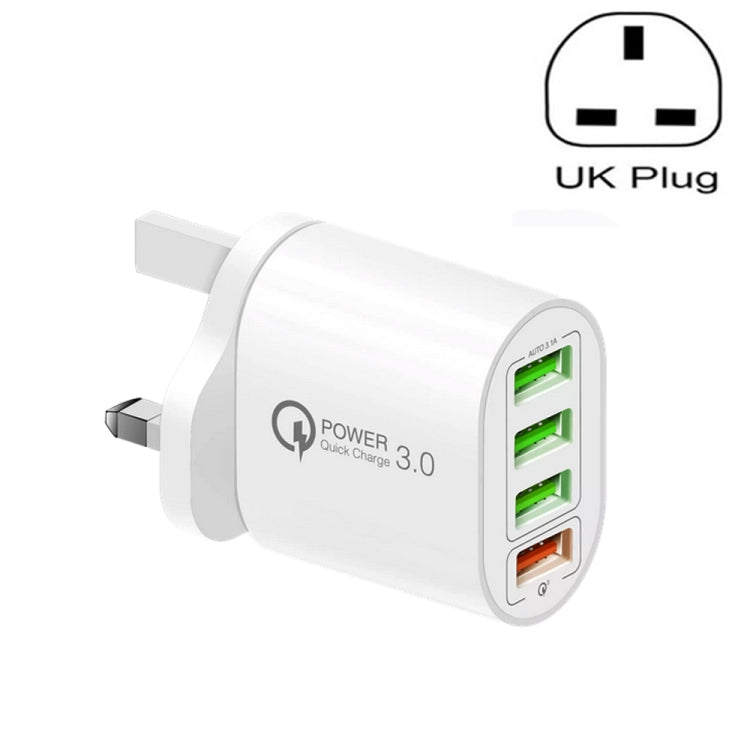 شاحن متعدد المنافذ QC-04 QC3.0 + 3 × USB 2.0 للهواتف المحمولة والأجهزة اللوحية، قابس المملكة المتحدة، قابس المملكة المتحدة
