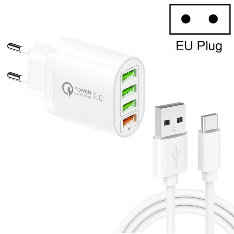 شاحن متعدد المنافذ QC-04 QC3.0 + 3 × USB2.0 مع كابل بيانات USB إلى Type-C بقوة 3A، قابس الاتحاد الأوروبي، قابس الاتحاد الأوروبي + كابل Type-C