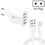 شاحن متعدد المنافذ QC-04 QC3.0 + 3 × USB2.0 مع كابل بيانات USB إلى Type-C بقوة 3A، قابس الاتحاد الأوروبي، قابس الاتحاد الأوروبي + كابل Type-C
