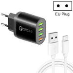 شاحن متعدد المنافذ QC-04 QC3.0 + 3 × USB2.0 مع كابل بيانات USB إلى Type-C بقوة 3A، قابس الاتحاد الأوروبي، قابس الاتحاد الأوروبي + كابل Type-C