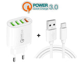 شاحن متعدد المنافذ QC-04 QC3.0 + 3 × USB2.0 مع كابل بيانات USB إلى Type-C بقوة 3A، قابس الاتحاد الأوروبي، قابس الاتحاد الأوروبي + كابل Type-C