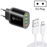 QC-04 شاحن متعدد المنافذ QC3.0 + 3 منافذ USB2.0 مع كابل بيانات USB بقوة 3 أمبير إلى 8 سنون، قابس أوروبي، قابس أوروبي + كابل 8 سنون
