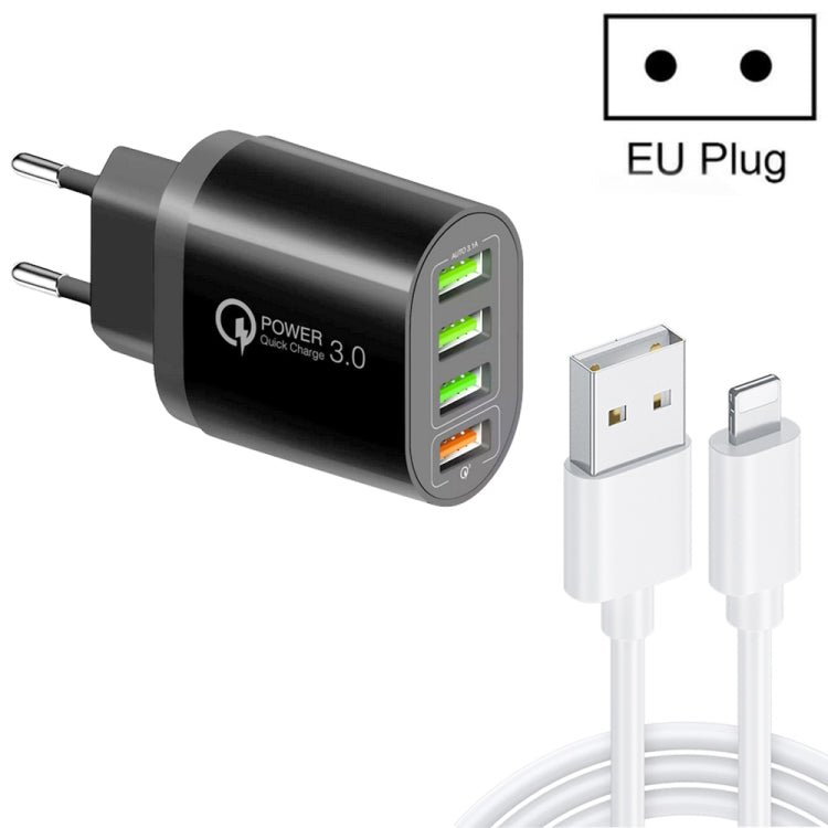 QC-04 شاحن متعدد المنافذ QC3.0 + 3 منافذ USB2.0 مع كابل بيانات USB بقوة 3 أمبير إلى 8 سنون، قابس أوروبي، قابس أوروبي + كابل 8 سنون