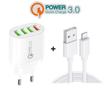 QC-04 شاحن متعدد المنافذ QC3.0 + 3 منافذ USB2.0 مع كابل بيانات USB بقوة 3 أمبير إلى 8 سنون، قابس أوروبي، قابس أوروبي + كابل 8 سنون