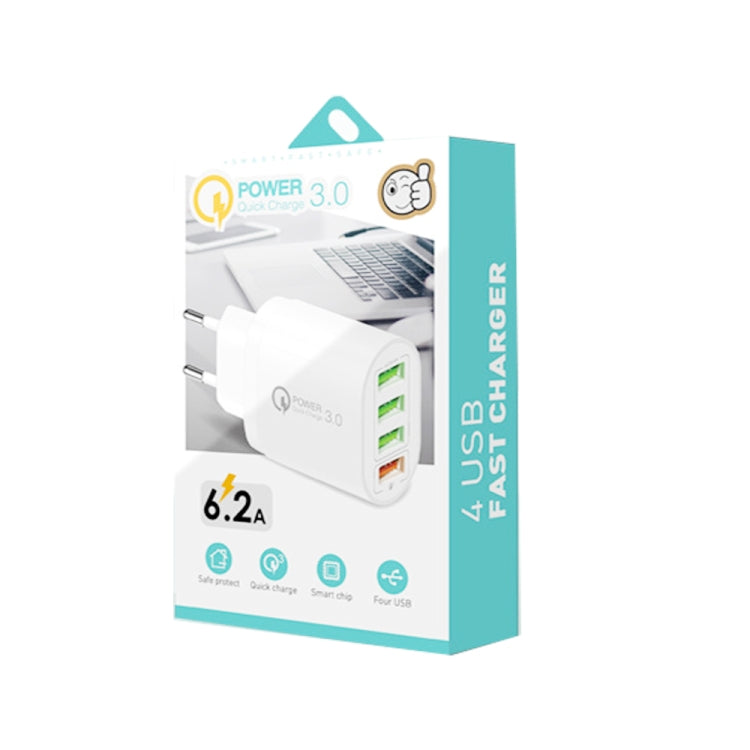 QC-04 شاحن متعدد المنافذ QC3.0 + 3 منافذ USB2.0 مع كابل بيانات USB بقوة 3 أمبير إلى 8 سنون، قابس أوروبي، قابس أوروبي + كابل 8 سنون