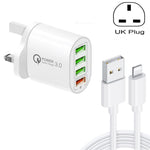 QC-04 شاحن متعدد المنافذ QC3.0 + 3 منافذ USB2.0 مع كابل بيانات USB بقوة 3 أمبير إلى 8 سنون، قابس بريطاني، قابس بريطاني + كابل 8 سنون