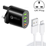 QC-04 شاحن متعدد المنافذ QC3.0 + 3 منافذ USB2.0 مع كابل بيانات USB بقوة 3 أمبير إلى 8 سنون، قابس بريطاني، قابس بريطاني + كابل 8 سنون
