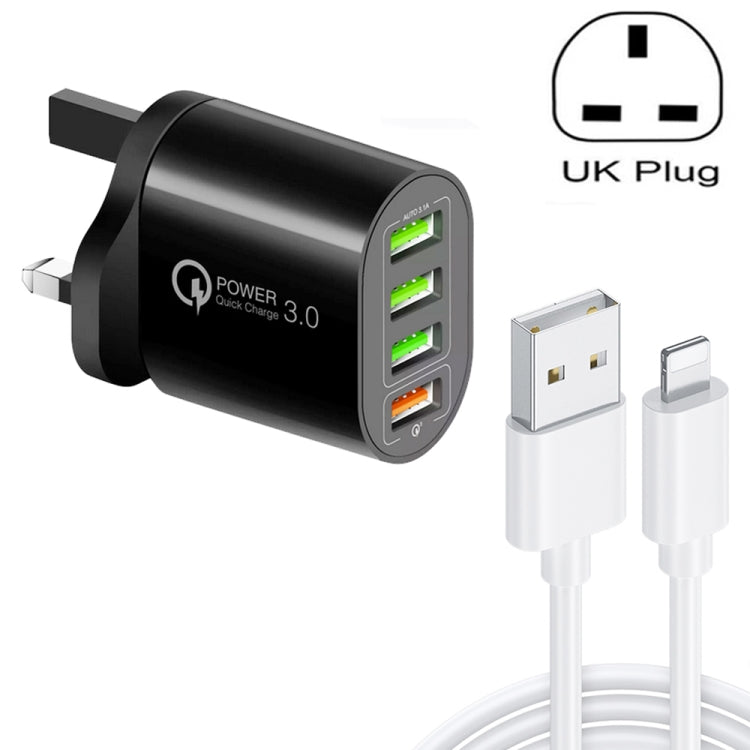 QC-04 شاحن متعدد المنافذ QC3.0 + 3 منافذ USB2.0 مع كابل بيانات USB بقوة 3 أمبير إلى 8 سنون، قابس بريطاني، قابس بريطاني + كابل 8 سنون