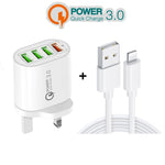QC-04 شاحن متعدد المنافذ QC3.0 + 3 منافذ USB2.0 مع كابل بيانات USB بقوة 3 أمبير إلى 8 سنون، قابس بريطاني، قابس بريطاني + كابل 8 سنون