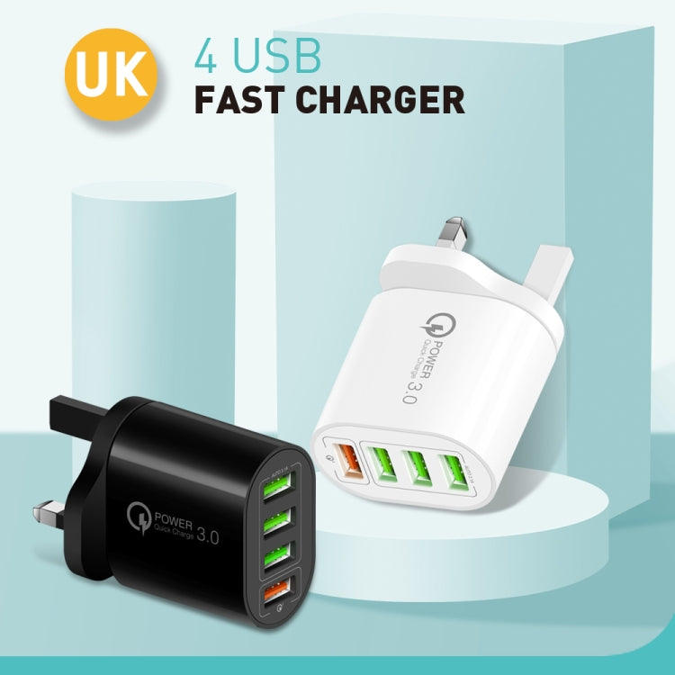 QC-04 شاحن متعدد المنافذ QC3.0 + 3 منافذ USB2.0 مع كابل بيانات USB بقوة 3 أمبير إلى 8 سنون، قابس بريطاني، قابس بريطاني + كابل 8 سنون