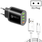 شاحن متعدد المنافذ QC-04 QC3.0 + 3 × USB2.0 مع كابل بيانات USB إلى Micro USB بقوة 3A، قابس الاتحاد الأوروبي، قابس الاتحاد الأوروبي + كابل Micro USB