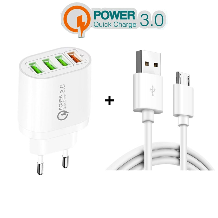 شاحن متعدد المنافذ QC-04 QC3.0 + 3 × USB2.0 مع كابل بيانات USB إلى Micro USB بقوة 3A، قابس الاتحاد الأوروبي، قابس الاتحاد الأوروبي + كابل Micro USB
