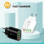 شاحن متعدد المنافذ QC-04 QC3.0 + 3 × USB2.0 مع كابل بيانات USB إلى Micro USB بقوة 3A، قابس الاتحاد الأوروبي، قابس الاتحاد الأوروبي + كابل Micro USB