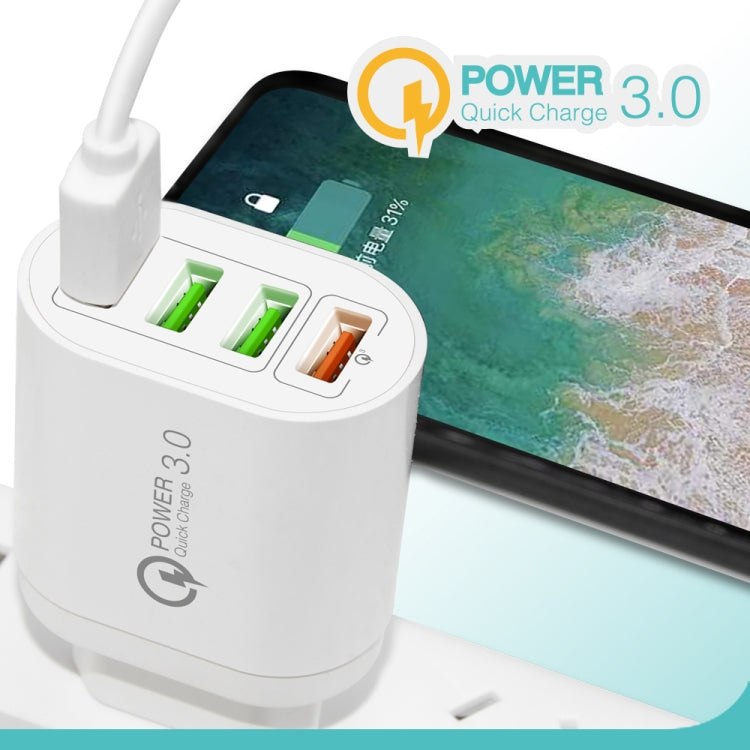 شاحن متعدد المنافذ QC-04 QC3.0 + 3 × USB2.0 مع كابل بيانات USB إلى Micro USB بقوة 3A، قابس الاتحاد الأوروبي، قابس الاتحاد الأوروبي + كابل Micro USB