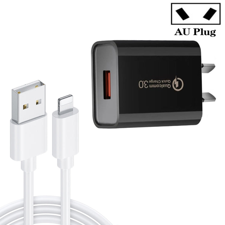 شاحن سريع CA-25 QC3.0 USB 3A مع كابل بيانات USB إلى 8 بن، قابس أستراليا، قابس أستراليا + كابل 8 بن