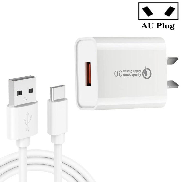 شاحن سريع QC3.0 USB 3A موديل CA-25 مع كابل بيانات USB إلى Type-C بطول 1م، قابس أستراليا، قابس أستراليا + كابل Type-C