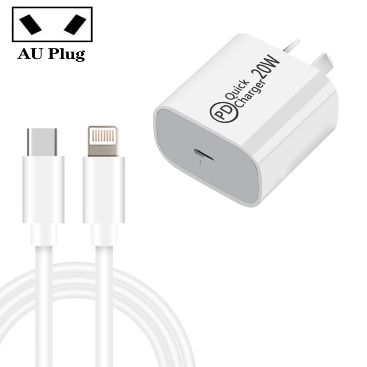 شاحن سفر AU-20W PD USB-C / Type-C مع كابل بيانات USB-C إلى 8 بن، قابس أستراليا، قابس أستراليا + كابل PD 8 بن بطول 1 متر، قابس أستراليا + كابل PD 8 بن بطول 2 متر