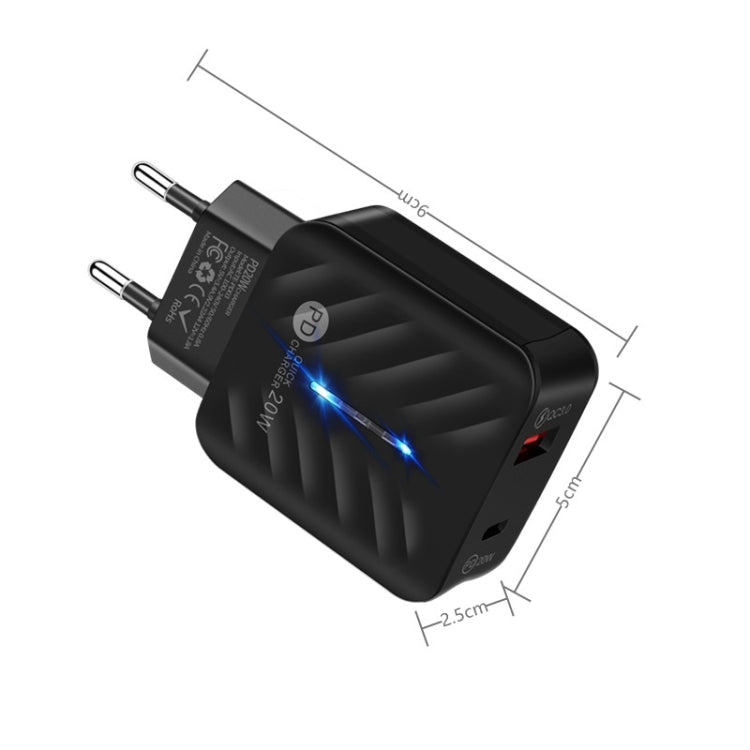 شاحن PD03 20 واط Type-C + QC3.0 USB مع ضوء مؤشر، قابس الاتحاد الأوروبي، قابس الاتحاد الأوروبي + كابل USB إلى Type-C