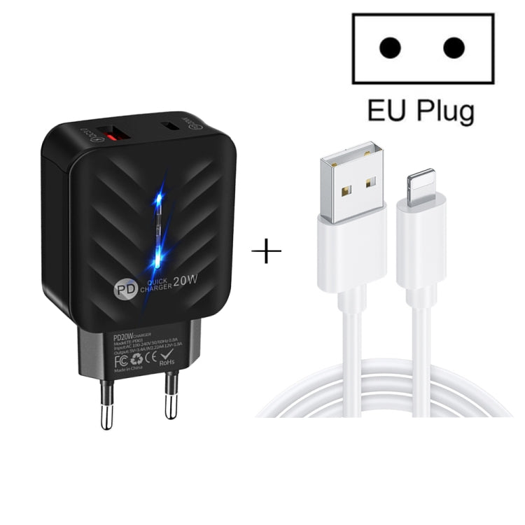 شاحن PD03 20 واط PD3.0 + QC3.0 USB مع كابل بيانات USB إلى 8 بن، قابس الاتحاد الأوروبي، قابس الاتحاد الأوروبي + كابل USB إلى 8 بن