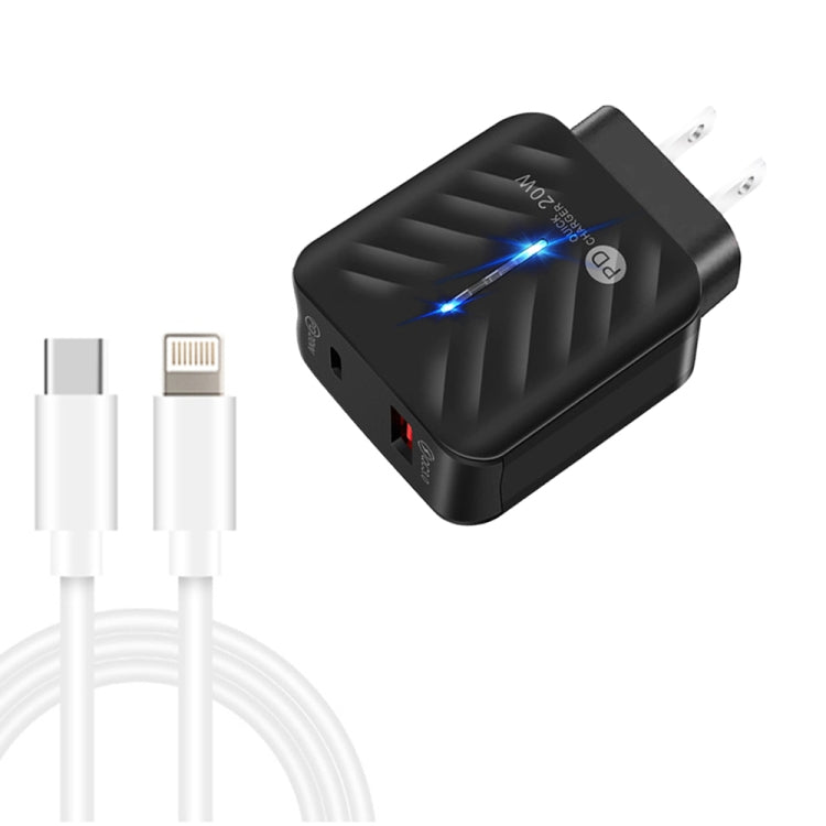 شاحن PD03 20 واط PD3.0 + QC3.0 USB مع كابل بيانات Type-C إلى 8 بن، قابس الولايات المتحدة، قابس الولايات المتحدة + كابل Type-C إلى 8 بن