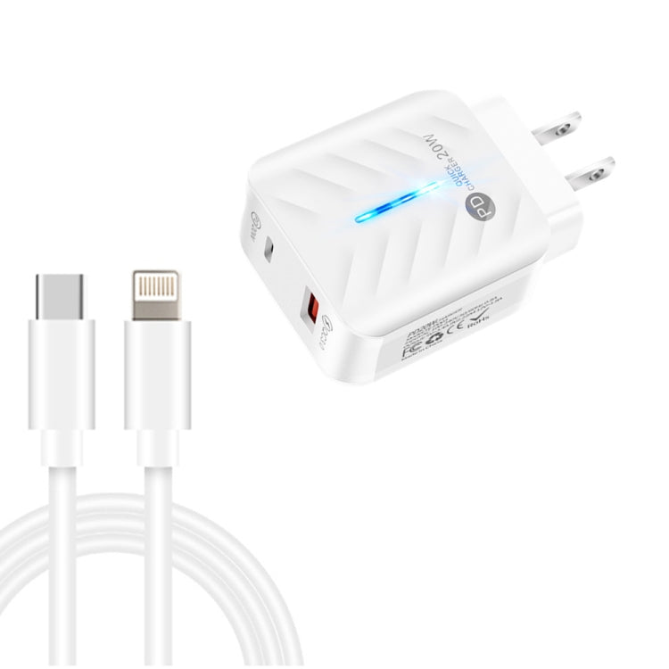 شاحن PD03 20 واط PD3.0 + QC3.0 USB مع كابل بيانات Type-C إلى 8 بن، قابس الولايات المتحدة، قابس الولايات المتحدة + كابل Type-C إلى 8 بن