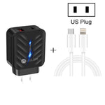 شاحن PD03 20 واط PD3.0 + QC3.0 USB مع كابل بيانات Type-C إلى 8 بن، قابس الولايات المتحدة، قابس الولايات المتحدة + كابل Type-C إلى 8 بن
