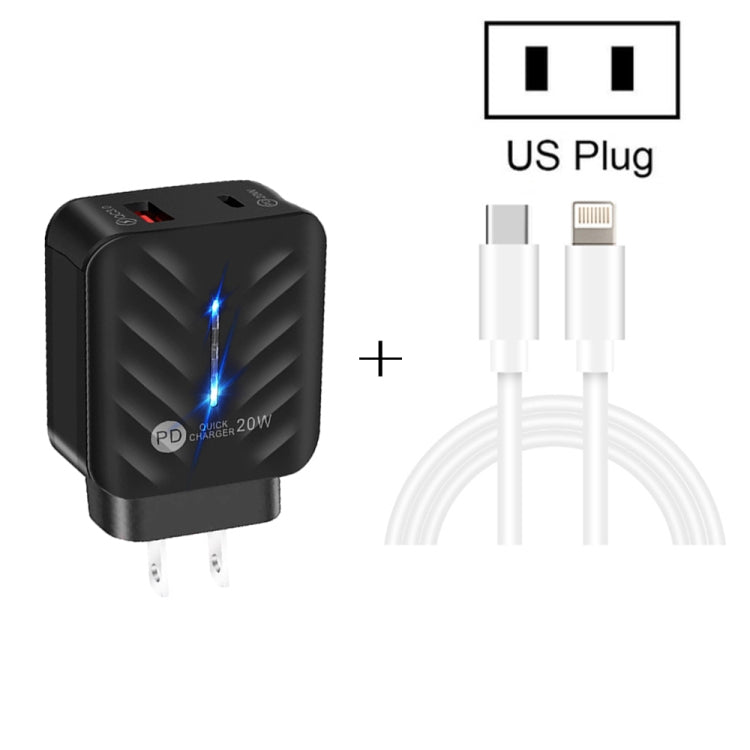 شاحن PD03 20 واط PD3.0 + QC3.0 USB مع كابل بيانات Type-C إلى 8 بن، قابس الولايات المتحدة، قابس الولايات المتحدة + كابل Type-C إلى 8 بن