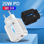 شاحن PD03 20 واط PD3.0 + QC3.0 USB مع كابل بيانات Type-C إلى 8 بن، قابس الولايات المتحدة، قابس الولايات المتحدة + كابل Type-C إلى 8 بن