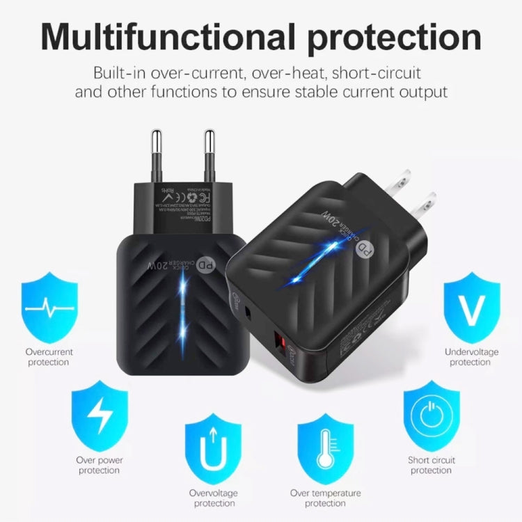 شاحن PD03 20 واط PD3.0 + QC3.0 USB مع كابل بيانات Type-C إلى 8 بن، قابس الولايات المتحدة، قابس الولايات المتحدة + كابل Type-C إلى 8 بن