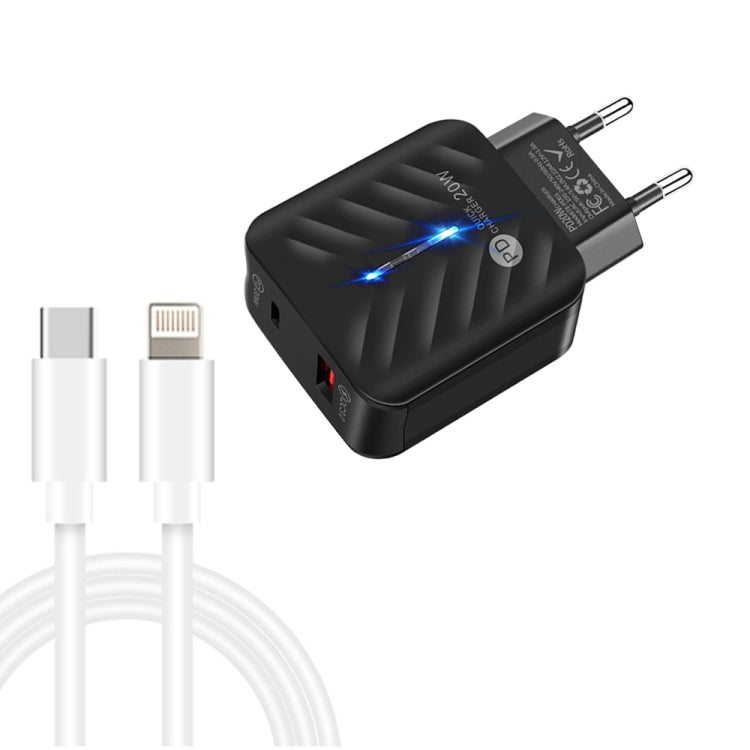 شاحن PD03 20 واط PD3.0 + QC3.0 USB مع كابل بيانات Type-C إلى 8 بن، قابس الاتحاد الأوروبي، قابس الاتحاد الأوروبي + كابل Type-C إلى 8 بن