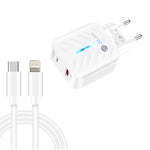شاحن PD03 20 واط PD3.0 + QC3.0 USB مع كابل بيانات Type-C إلى 8 بن، قابس الاتحاد الأوروبي، قابس الاتحاد الأوروبي + كابل Type-C إلى 8 بن