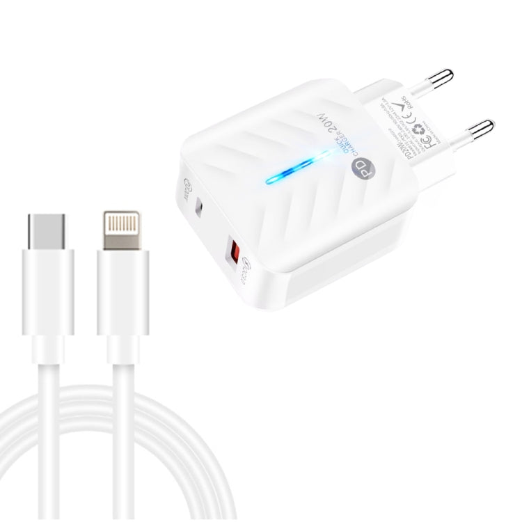 شاحن PD03 20 واط PD3.0 + QC3.0 USB مع كابل بيانات Type-C إلى 8 بن، قابس الاتحاد الأوروبي، قابس الاتحاد الأوروبي + كابل Type-C إلى 8 بن