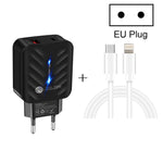 شاحن PD03 20 واط PD3.0 + QC3.0 USB مع كابل بيانات Type-C إلى 8 بن، قابس الاتحاد الأوروبي، قابس الاتحاد الأوروبي + كابل Type-C إلى 8 بن