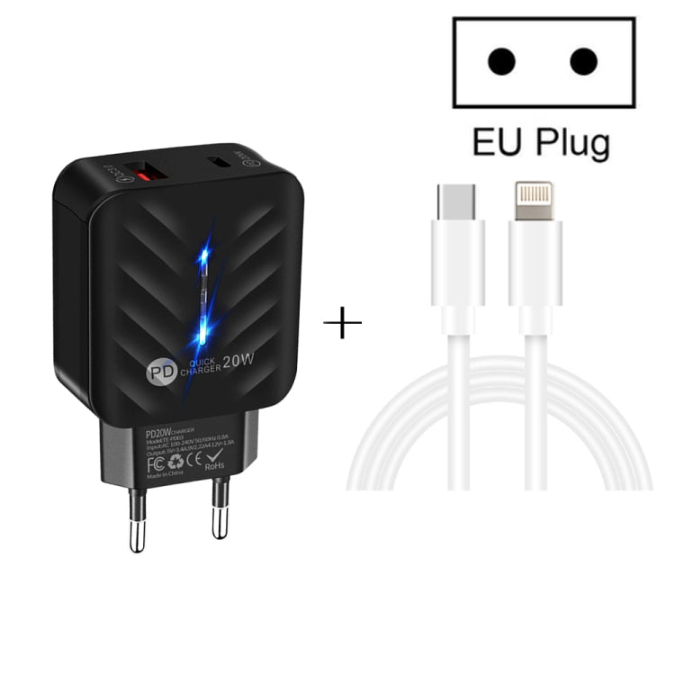 شاحن PD03 20 واط PD3.0 + QC3.0 USB مع كابل بيانات Type-C إلى 8 بن، قابس الاتحاد الأوروبي، قابس الاتحاد الأوروبي + كابل Type-C إلى 8 بن
