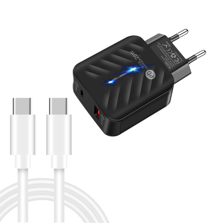 شاحن USB PD03 20W PD3.0 + QC3.0 مع كابل بيانات Type-C إلى Type-C، قابس EU، قابس EU + كابل Type-C إلى Type-C