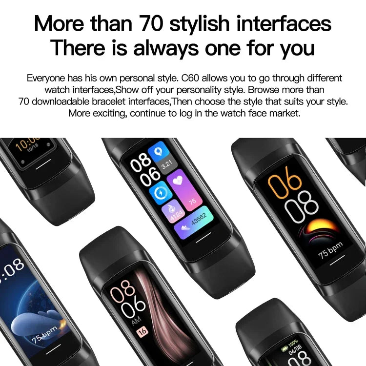 سوار لياقة ذكي مقاوم للماء بمعيار IP67 بشاشة 1.1 بوصة C60