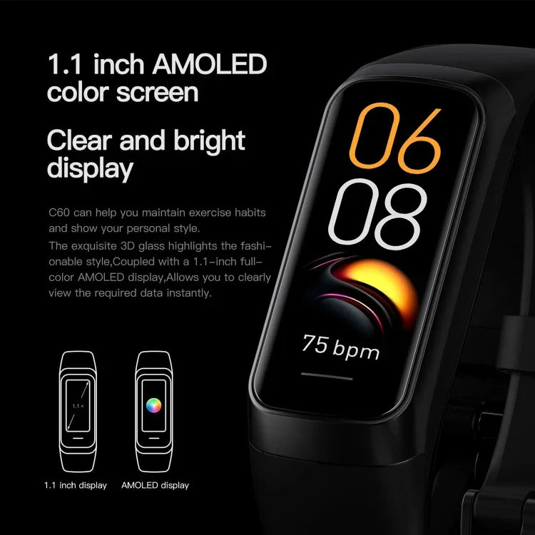 سوار لياقة ذكي مقاوم للماء بمعيار IP67 بشاشة 1.1 بوصة C60